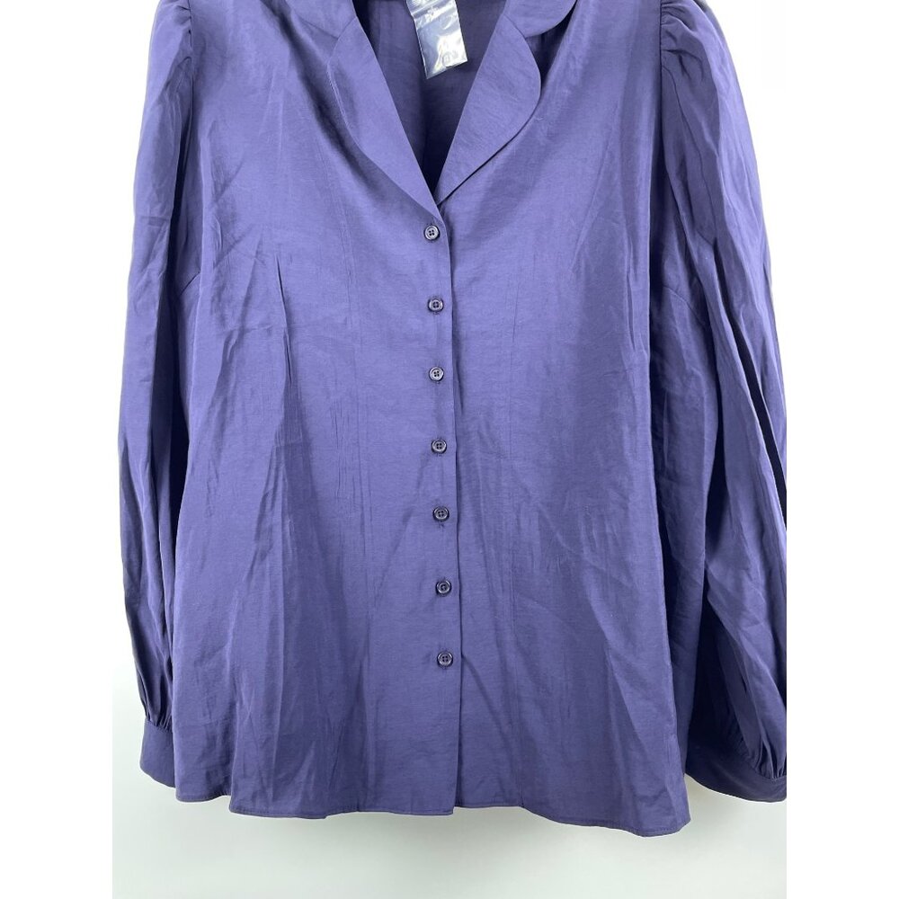 English Factory Women's 2X Plus Blouson Sleeve Collared Button Up Blouse Blue - Picture 2 of 10